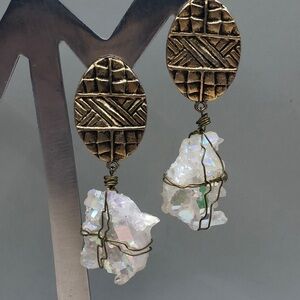 Raw aura quartz crystals artisan statement size earrings boho festival party